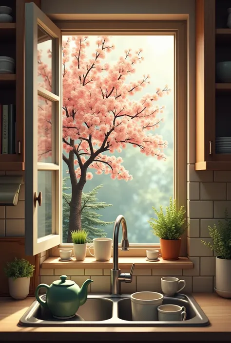 In a kitchen sink, there is a teapot and some cups. In front of the sink is an open glass window. You can see a weed tree out there that is blooming. Describe the situation from a close-up by emphasizing the shape of the intertwining and space