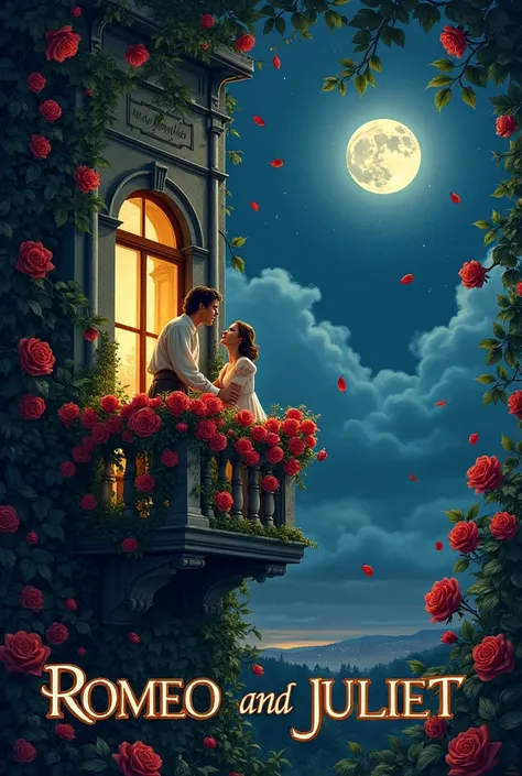 "A captivating and romantic book cover for Romeo and Juliet by William Shakespeare. The scene depicts a dramatic Italian balcony surrounded by lush ivy and red roses, with soft moonlight cascading over it. Below the balcony, Romeo gazes upward, while Julie...