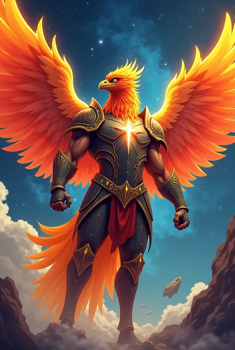 Make a muscular cartoon of a male phoenix with impressive armor in starry space in high definition with bright and striking colors 