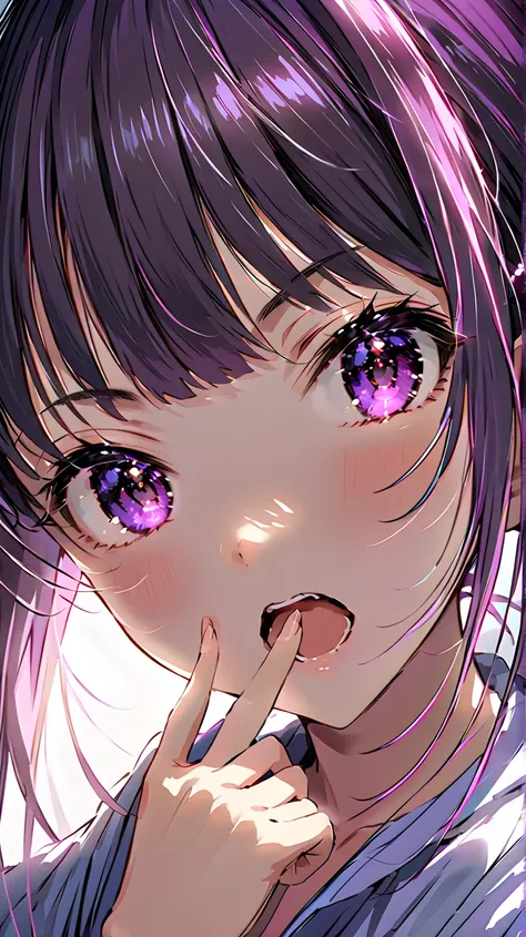 ((  Masterpiece )), (( best quality)),  cinematic lighting, ( sharp concentration), (Perfect light), young Girl, big eyes, ( has long eyelashes), (( Buggy Eye )),  open her mouth , Pull your mouth with your index finger ,