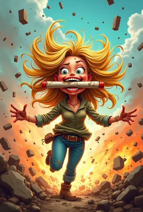 Crazy Cheerful Long Hair Blonde Woman 
In cartoon cartoon, the face very dirty in mud with a dinamyte in her mouth and hands, woman exploding, disheveled hair, very energetic, the exploding background