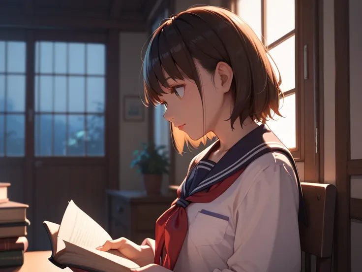 1girl,Ghibli style、Barely、 school uniform、 side view、night、some books、Warm lighting