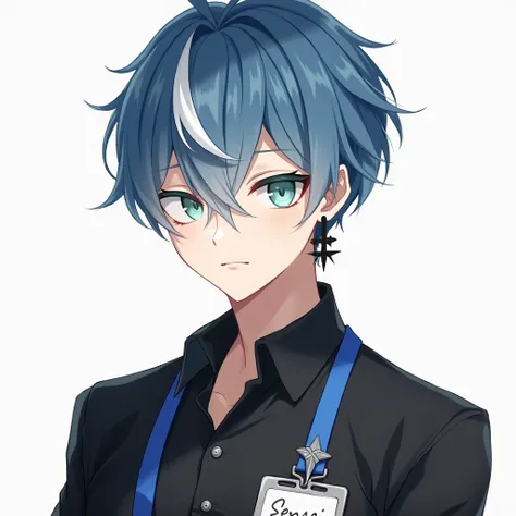 Blue archive/Sensei/Anime boy with short blue with white hair, sea green eyes, wearing a black office shirt , Name tag with blue neck strap , and white suit. Half-body Wear black cross earrings.