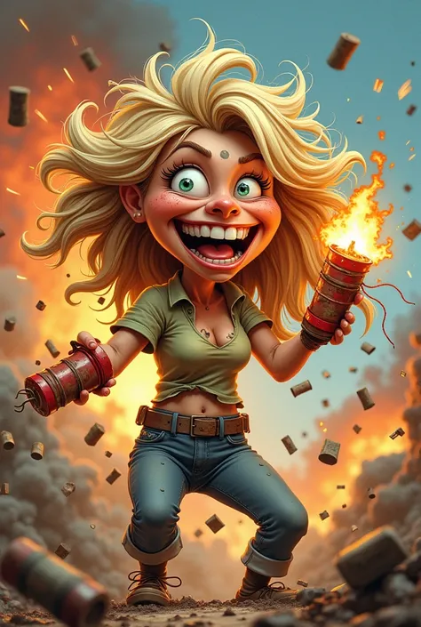 Femme Blonde cheveux long joyeuse folle 
en dessin animé caricaturé le visage très sale  de boue avec une dinamyte avec une mèche étincelles 
dans la bouche et les mains femme explosive cheveux ébouriffée très énergique  le fond qui explose
Image doit être...