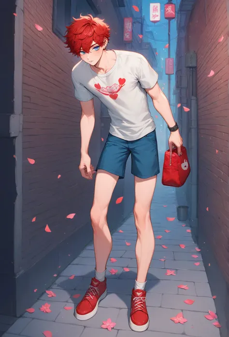 solo boy, alternative boy, emo boy, Korean boy, twink, oval face, gray blue eyes, taper fade curly hair with bangs, red hair, white shirt with red cherry blossom patterns on it, slim and muscular body, long legs, blue shorts, red shoes, standing up, alleyw...