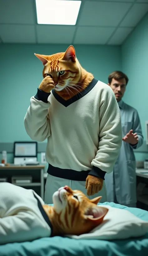 In cinematic style ,HD image ,colourful image ,realistic image,
Character, a muscular Johnny big Orange cat He is wearing a white sweater. That sweater has a black border on the neck and below it and he is wearing white pants and white sports shoes.
Action...