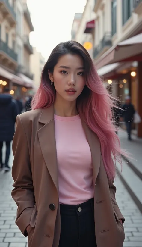 Professional photography of beautiful Korean woman with long blackish pink hairstyle. pose: standing, wearing a unique modern pastel colored t-shirt and milk chocolate colored blazer. and wearing white sneakers. BACKGROUND: Live between Europe and Asia in ...