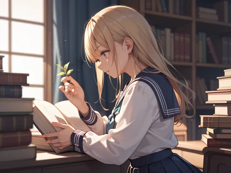 1girl、Barely、 school uniform、 side view、night、some books、Warm lighting