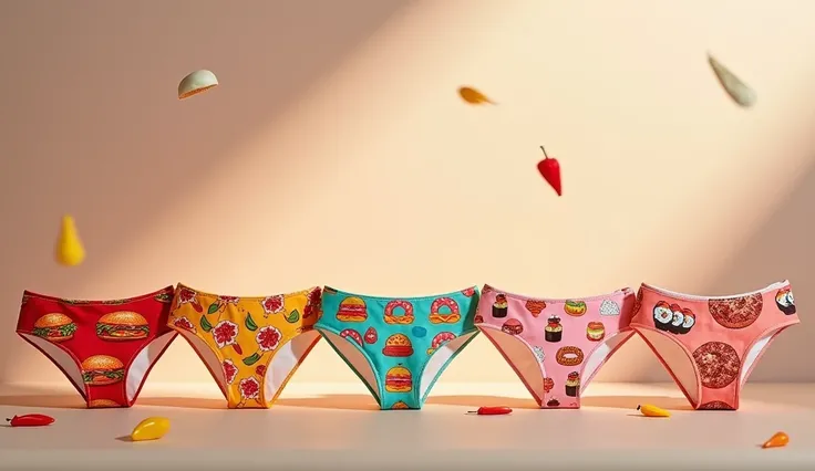  An artistic foreground of various thongs with designs creatives inspired by food.  Each thong shows unique and colorful patterns ,  like pizza patterns , burgers, sushi, donuts and ice cream . The background is neutral and soft ,  allowing the designs to ...