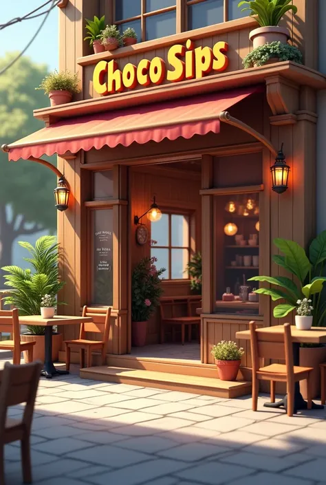 wide Cafe with chairs and tables with the name "CHOCO SIPS" and "Brownies and Drinks Menu" without people