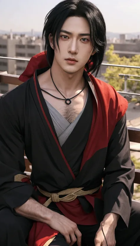 handsome character with black hair and red eyes sitting on a ledge, itatchi uchiha, handsome guy