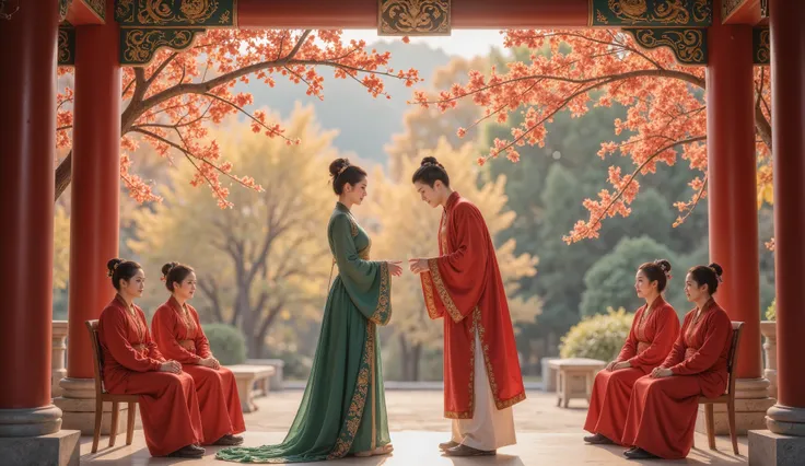 Tang Dynasty, The girl is wearing green , the boy wears a red Hanfu , Golden autumn October , and bear fruit ,Pomegranate tree, and the two go into the wedding hall 。 (( man and woman face to face,Man and woman bend over each other ...