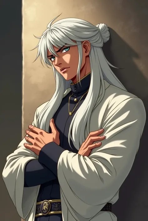 Create a rich, memorable portrait in the style of Japanese retro anime of the 80s and 90s. The picture shows a man with long straight white hair and bangs, bathed in dark blue light, leaning against the wall with his arms crossed over his chest, with burni...