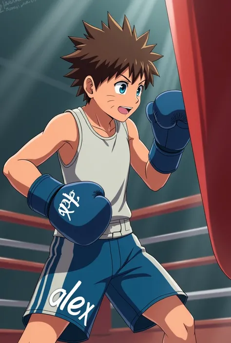 A  boy ,  wearing blue shorts with white lines that say "Alex" ,  brown hair and blue eyes , wearing blue boxing gloves  ,  white sleeveless shirt ,  training in a boxing gym ,  hitting a punching bag with a lot of force and a look of determination , With ...