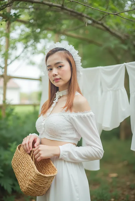 A Thai woman outdoors in a vintage-inspired setting, wearing delicate white lace lingerie and a matching lace bonnet that ties under her chin. She is holding a woven wicker basket and reaching out to hang or retrieve a piece of white fabric from a clothesl...