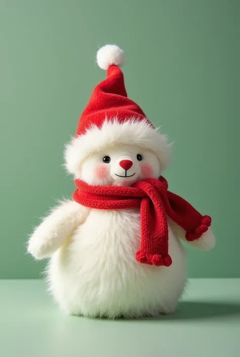 jellycat style snow Santa plush toy，Christmas elements，lively，cute，Christmas theme， clean background， solid background ，Christmas green background ，珊瑚绒质感 ，fleece texture ，hairy，  light contrast color scheme， fluffy and soft texture ，Smooth and soft，Christm...