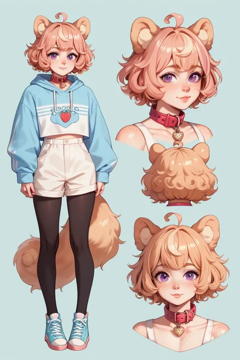 femboy, pomeranian dogboy, pomeranian dog ears, short curly hair, strawberry blond hair, purple eyes, dog collar, beauty marks, moles, freckles, masterpiece, best quality, character sheet, pomeranian tail, full body, fully clothed