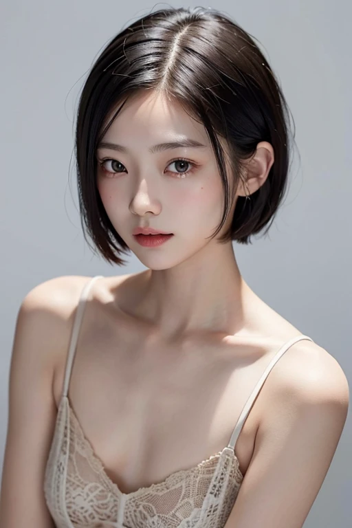 Young Japanese woman, 30s, white background, simple background, short bob hair, slender, 4K, 8K medium, high resolution, beautiful woman, beautiful eyes, simple, high resolution, alone, beautiful skin, beautiful skin, Smile, relax, 