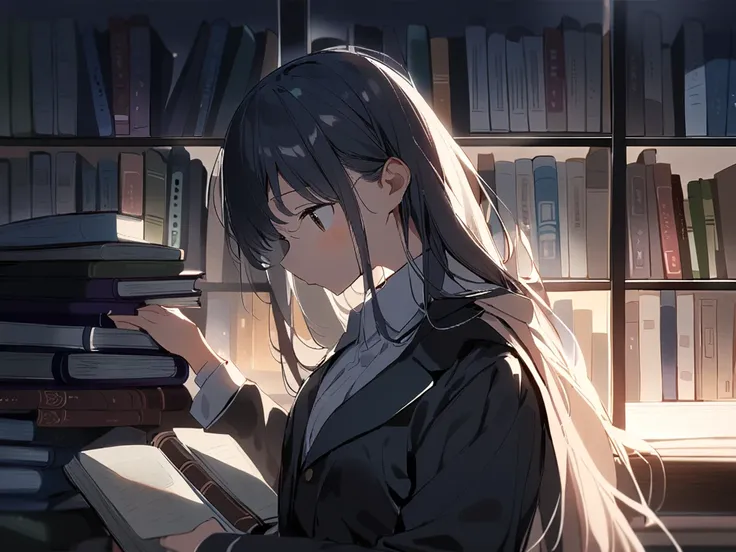 1girl、Barely、 school uniform、 side view、night、some books、Warm lighting