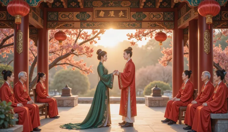 Tang Dynasty, The girl is wearing green , the boy wears a red Hanfu , Golden autumn October , and bear fruit ,Pomegranate tree, and the two go into the wedding hall 。 (( man and woman face to face,Man and woman bend over each other ...