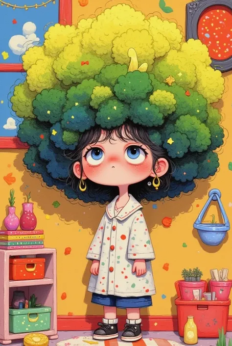  cartoon：In the room， a girl with broccoli hair， huge hair ，expression of grief 