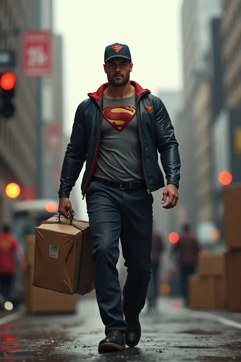 superman working in a delivery job