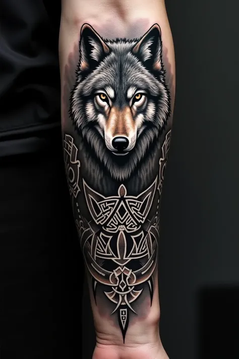 Mystery type forearm full tattoo paper black and white include viking theme and wolf. Please include the symbols of vikings and mystery jungle look