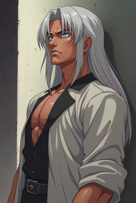 Create a rich, memorable portrait in the style of Japanese retro anime of the 80s and 90s. The picture shows a man with long straight white hair and bangs, bathed in dark blue light, leaning against the wall with his arms crossed over his chest, with burni...