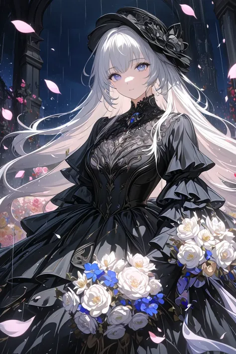 1girl,,face not visible,black Gothic dress,black hat,white bouquet,(holding white bouquet),standing,front,(black petals flying in profusion),Rain of petals,many petals,innumerable petals,petals floating in the air,Art Deco,Color Field painting,rococo style...