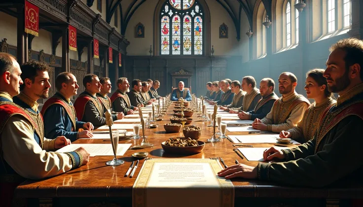 Inside the grand hall of the English Parliament in 1543, the scene is charged with political significance as the Third Act of Succession is being debated and enacted. The room is filled with noblemen in ornate Tudor attire, their faces focused with serious...