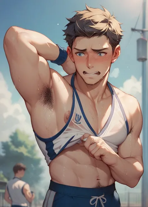 School sports boy embarrassed because smelly sweaty hairy armpits 