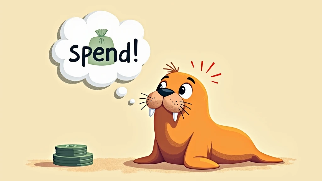 income & A cute illustration of a walrus looking at a panel with the word “spend” written on it