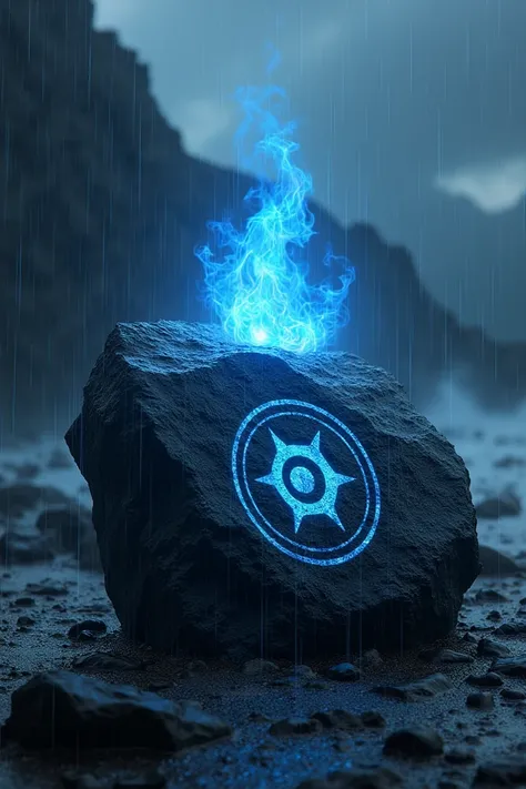 Soul symbol carved on a black rock filled with blue fire, with heavy rain and thunder weather