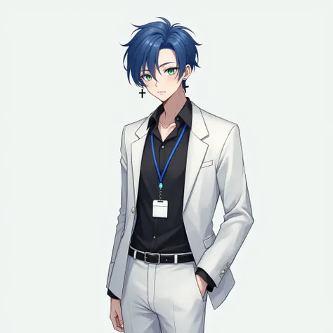 Blue archive/Sensei/Anime boy with short blue with white hair, sea green eyes, wearing a black office shirt ,Hang the name tag with a blue lanyard., and white suit. Full-body image Wear black cross earrings.