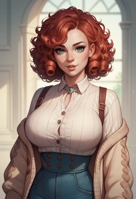 young woman with freckles and curly red hair, dressed in a knit cardigan with earthy tones, very large breasts, waist-up, 