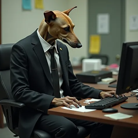 ((1 dog deformed like a office worker2)),wearing black jacket,wearing white shirt,wearing black trousers,wearing black tie,office in the background,in the office,hold a computer,worried about computer virus,sitting at chair in the office,in front of a offi...