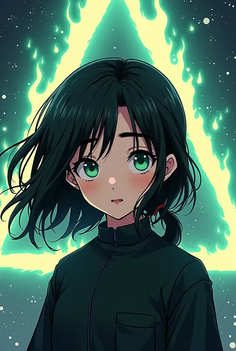 rune, (A (severus snapes daughter:((11years old)) european girl,black hair, green eyes) , with 984 fatbillion years in manga style one Imagine it starts with 1, 35 m With brown hair with bangs and well-defined sleeves and hair tied low, a little surprised,...