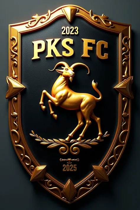 Make a soccer shield that meets the following requirements
Make it black with gold details
Golden goat in the center
That has the name PKS FC in gold
and finally, that it has the following date 2023 on one side and 2025 on the other