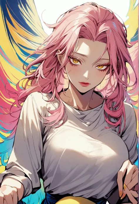  Beautiful Girl,  Jujutsu Kaisen ,  long pink hair with yellow locks of hair,  golden eyes , beautiful white blouse , Short negros