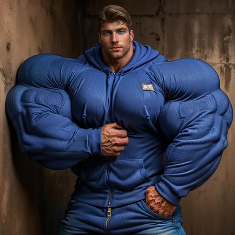 A very handsome man, big eyes, wearing a blue sweatshirt with a zipper and long sleeves, standing and leaning against a wall, exaggeratedly muscular, exaggeratedly huge muscles, exaggeratedly huge biceps, exaggeratedly huge arms, hyper muscular, hyper musc...