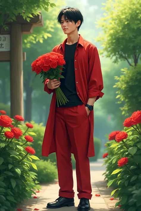 man, young, Japanese, long open red shirt, black t-shirt, black watch, black hair, red trousers, garden background, formal shoes, standing, carrying red roses.