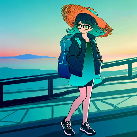 1girl,25yo,slender,tall,medium hair,black hair,natural wave hair,flipped hair,dark green eyes,comfortable,smirk,glasses,straw hat with leaf color ribbon,walking,glasses,carrying a aqua blue rucksack, (thigh-high parka dress with gradient earth color,black ...