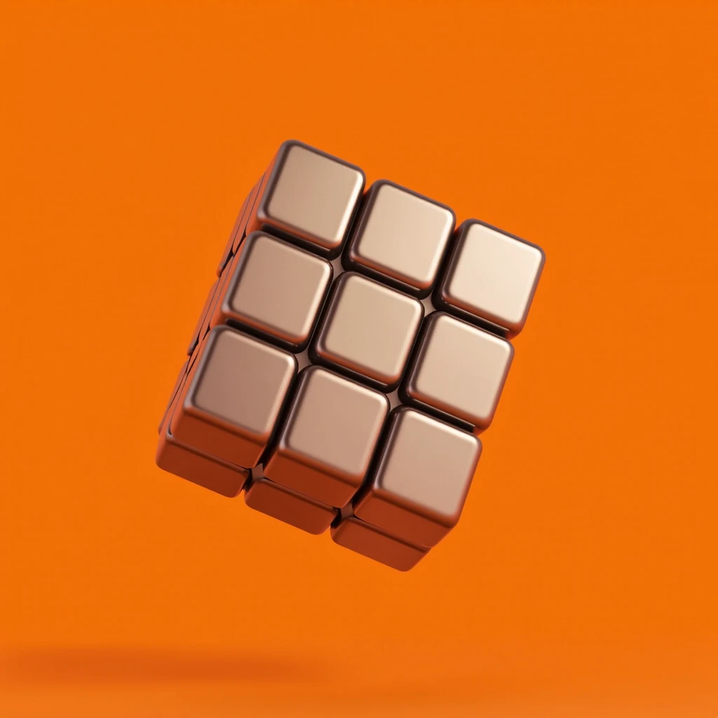 3D, Rubiks Cube, each square with a metal border and an orange background