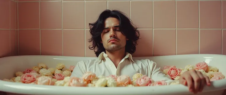 [Man, black hair, (white Victorian shirt)], in a tub strewn with flowers, bathroom, tiled pink walls, muted tones, 35mm photograph, David LaChapelle and Petra Collins Fujichrome Provia 100F - v 6.0 - style raw - ar 21:9