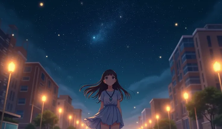 anime girl looking at the stars in the sky in the middle of the street. no ugly hands, masterpiece 1:1