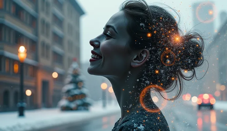     collage of 2 videos of different formats and quality    :   1 photo — winter   ,  Christmas tree  , a festive day  , garlands   .     2 on the photo ,   transparent black and white silhouette of a womans smile   ,   frost on eyelashes  ,winter evening ...