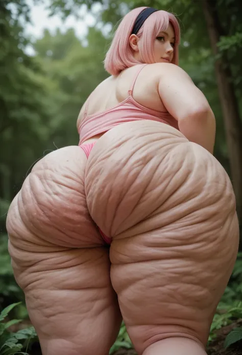 Sakura from Naruto,short pink hair,legging rosa,large and long busts,thick butt,cellulite,in the pink ipê forest