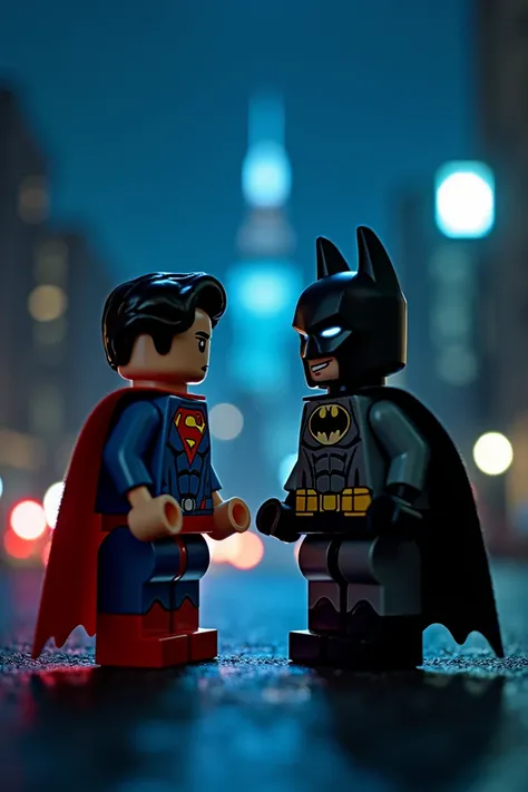 Superman et Batman en art lego, nuit.