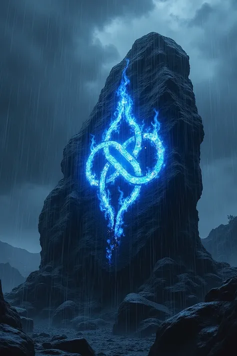 Soul symbol carved with blue fire on a black rock with heavy rain and thunder weather in the background