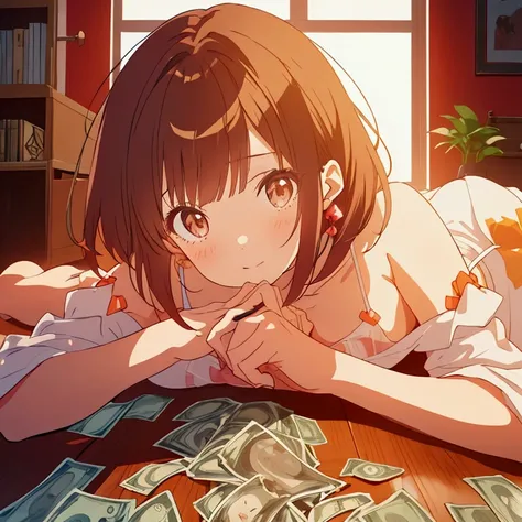 Anime girl on the currency floor, brown bob cut hairs, square face, cute face, millionare anime girl , wearing kamino ldress, beautiful anatomy, depicting as a millionare rich anime girl showing of her money, glamaoures money empire, masterpiece, high qual...